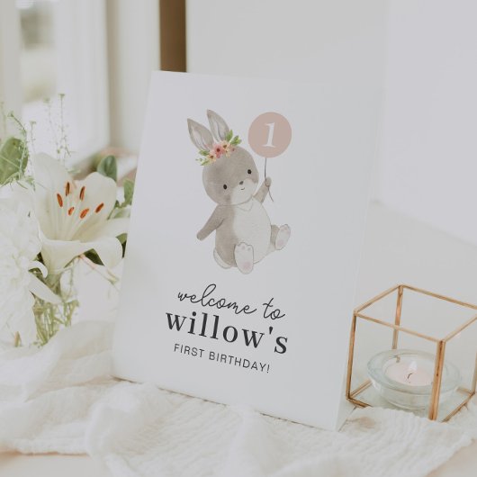 Signe De Table Ballons roses Bunny 1er Affiche de bienvenue d'ann