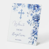 Signe De Table Baptême Fleurs Bleues Symbole de Piédestal (Recto)