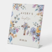 Signe De Table Baptême moderne couleur bleue croix élégant (Recto)