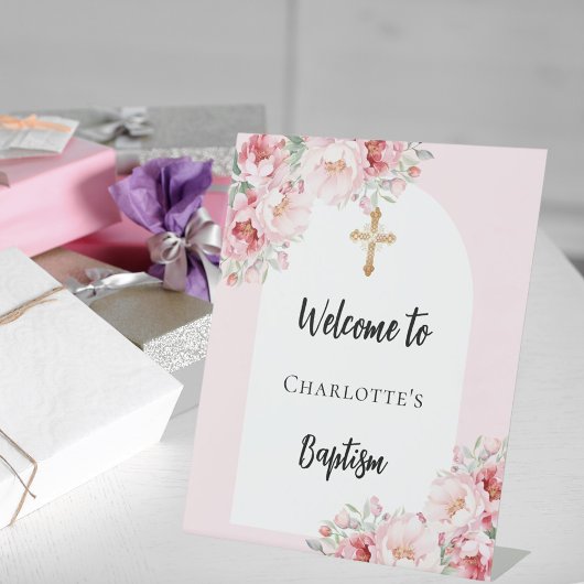 Signe De Table Baptême rose florales arche fille accueil