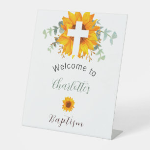 Signe De Table Baptême tournesol eucalyptus croix bienvenue