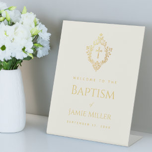 Signe De Table Baptême Vintage Crest Ivory Faux Gold Bienvenue