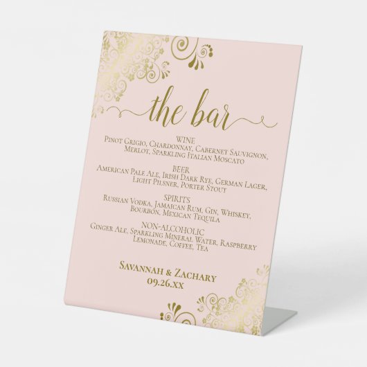 Signe De Table Bar Blush Pink & Gold Posh Boissons Menu Mariage (Recto)
