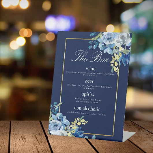 Signe De Table Bar de mariage élégant bleu bleu marine or Floral