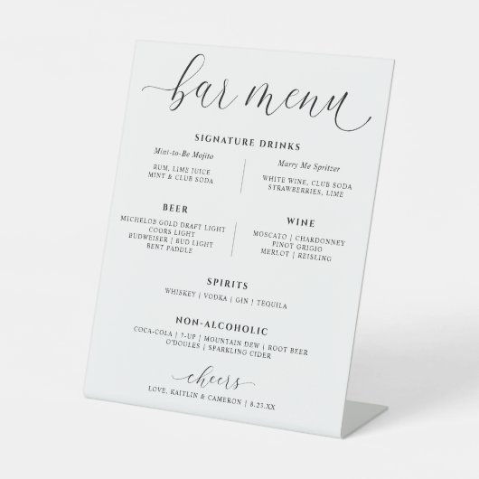 Signe De Table Bar mariage Boissons Menu Élégante Signature Boiss (Recto)