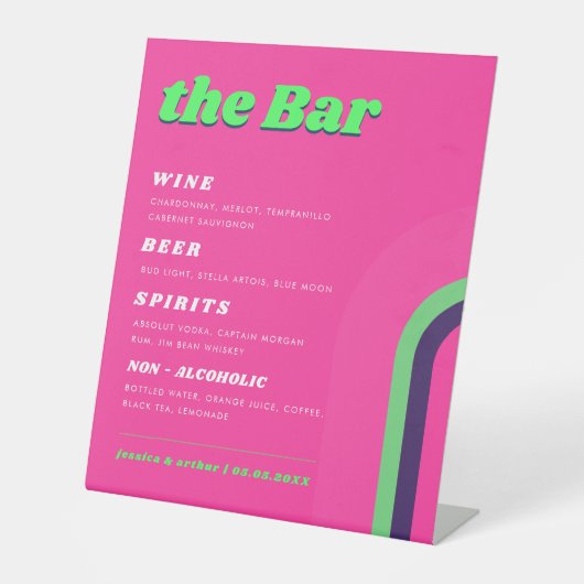 Signe De Table Bar Mariage rose et vert Retro Menu boisson (Recto)