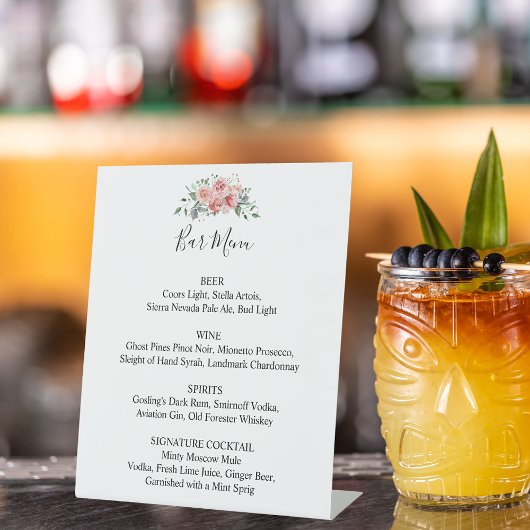 Signe De Table Bar Menu Mariage rose Floral Boho Chic Script
