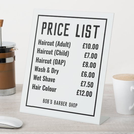 Signe De Table Barber Shop Tarifs Tarifs Mention Piédestal (In SItu)