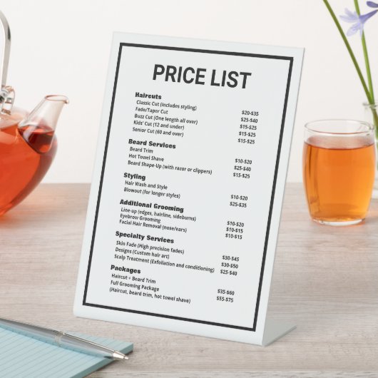 Signe De Table Barbershop Barber Shop Tarifs Menu Service (In SItu)