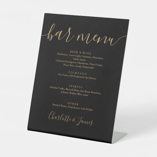 Signe De Table Barre de Mariage Script Signature Noir Et Or (Recto)