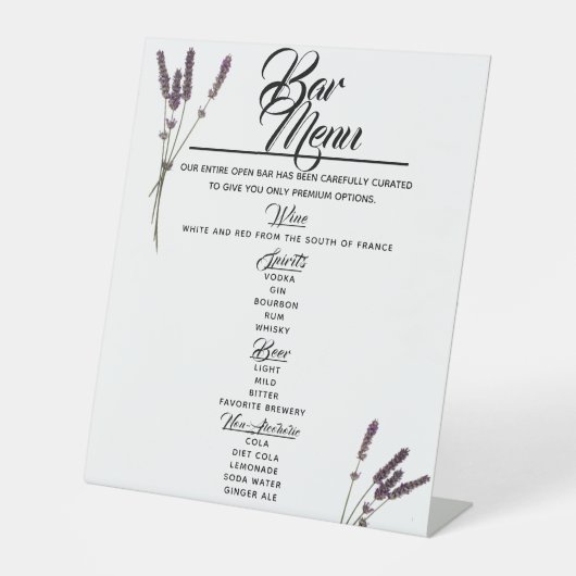 Signe De Table Barre Menu Lavender Mariage Boissons Signal Pedest (Recto)