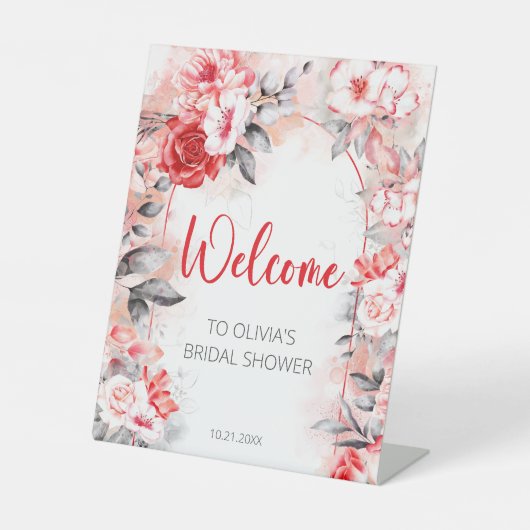 Signe De Table Bienvenue à la Baby Shower Fleurs Aquarelle Rouges (Recto)