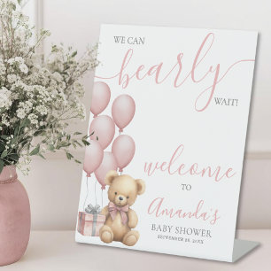 Signe De Table Bienvenue à la Baby Shower Ourson Rose