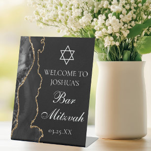 Signe De Table Bienvenue à la fête Bar Mitzvah Black Gold Agate