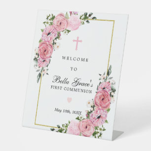 Signe De Table Bienvenue à la Première Communion florale Rose Ros