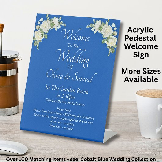 Signe De Table Bienvenue au Mariage Cobalt Blue White Roses