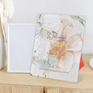 Signe De Table Bienvenue au mariage   Floral rose pèche