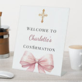 Signe De Table Bienvenue de confirmation avec un nœud rose (In SItu)