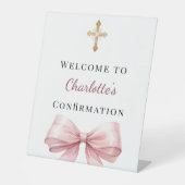 Signe De Table Bienvenue de confirmation avec un nœud rose (Recto)