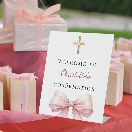 Signe De Table Bienvenue de confirmation avec un nœud rose