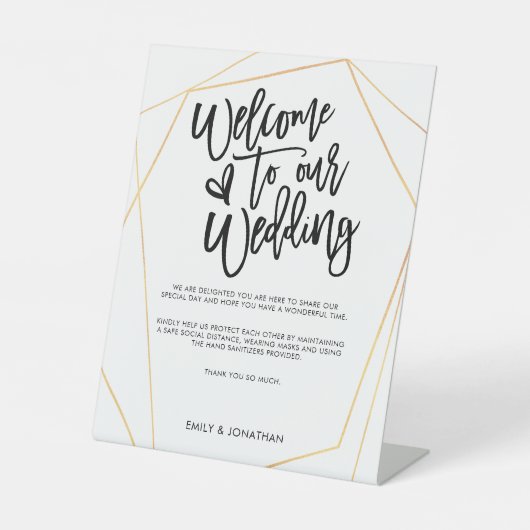 Signe De Table Bienvenue Mariage COVID Safety Script Gold Géométr (Recto)