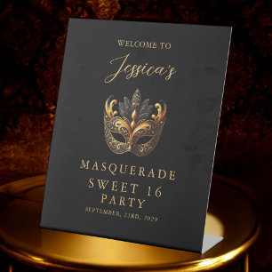 Signe De Table Bienvenue Masquerade Or Noir pour un anniversaire 
