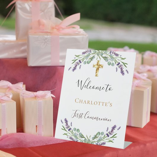 Signe De Table Bienvenue pour la première communion sur fond flor