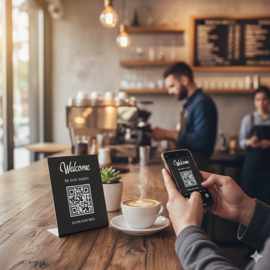 Signe De Table Bienvenue Soyez Notre Invité Scan For QR Code Wifi