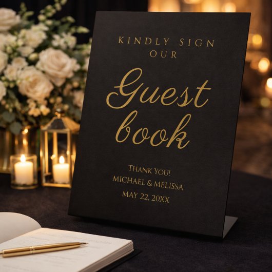 Signe De Table Black and Gold 50th Anniversary Guest Book Sign