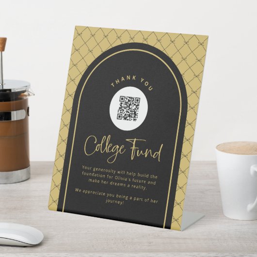Signe De Table Black Gold Bows College Fund QR Code Signal Pedest (In SItu)