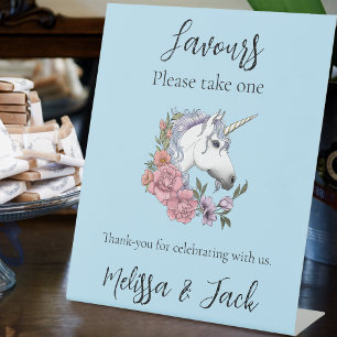 Signe De Table Blanc Unicorne Rose Fleurs Bleu Mariage Faveurs