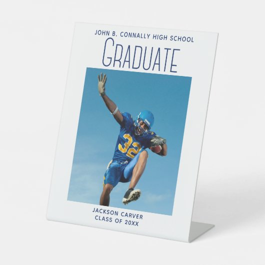 Signe De Table Bleu Script Graduate Photo Sporty Graduation Party (Recto)