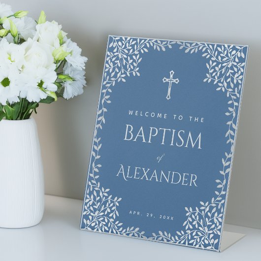 Signe De Table Blue Boy Baptism Faux Silver Croix Feuille Bienven