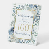 Signe De Table Blue Floral 100e fête d'anniversaire Bienvenue (Recto)