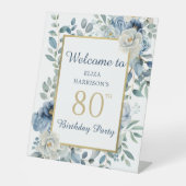 Signe De Table Blue Floral 80e anniversaire fête Bienvenue (Recto)