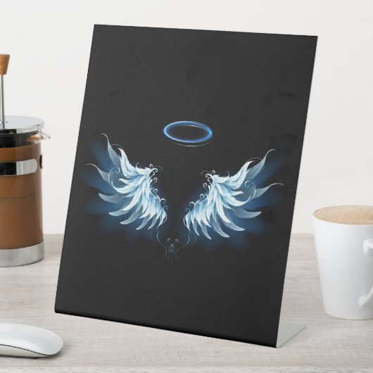 Signe De Table Blue Glowing Angel Wings on black background (In SItu)