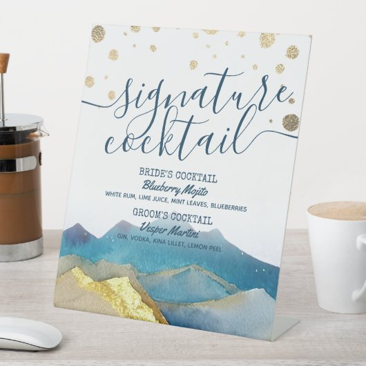 Signe De Table Blue Golden Mountains Mariage Signature Boire Menu (In SItu)