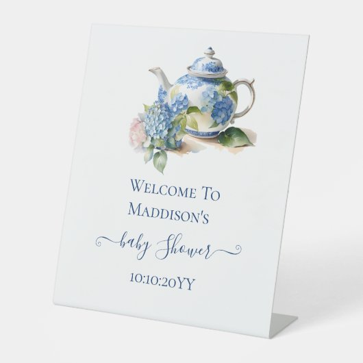 Signe De Table  Blue Hydrangea Baby Shower Tea Party Welcome  (Recto)