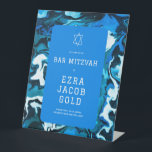 Signe De Table Blue Marble Star de David Custom Bar Bat mitzvah<br><div class="desc">Parfait signe pour accueillir les invités à une bat mitzvah, bar mitzvah ou autre célébration juive ! L'art abstrait fait main pour vous sur le devant ! ENTIÈREMENT PERSONNALISABLE ! Cliquez sur "Personnaliser" ci-dessus pour modifier le texte. Cliquez sur "modifier à l'aide de l'outil de conception" pour ajuster les polices,...</div>