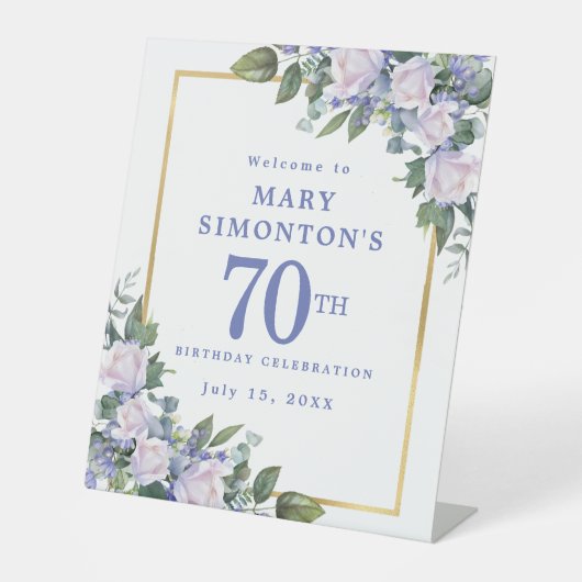 Signe De Table Blue White Gold Floral 70e anniversaire Bienvenue (Recto)