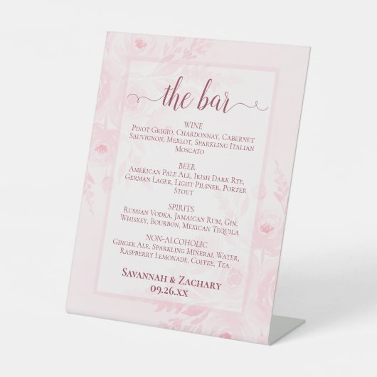 Signe De Table Blush Pink Floral Wedding Drinks or Bar Menu (Recto)