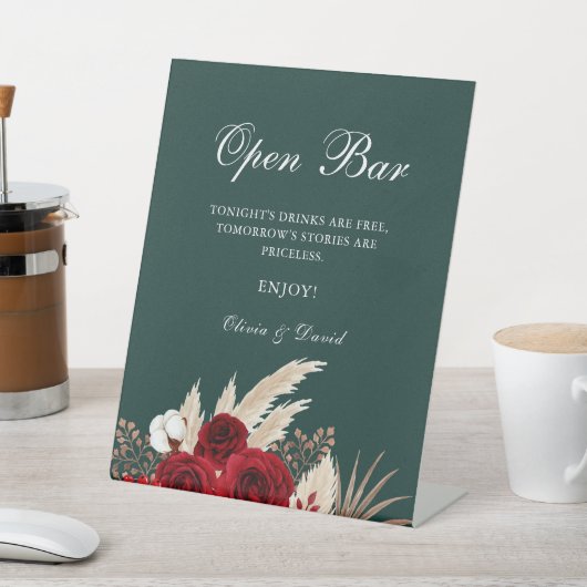 Signe De Table Boho Burgundy Roses Pampas Grass Open Bar (In SItu)