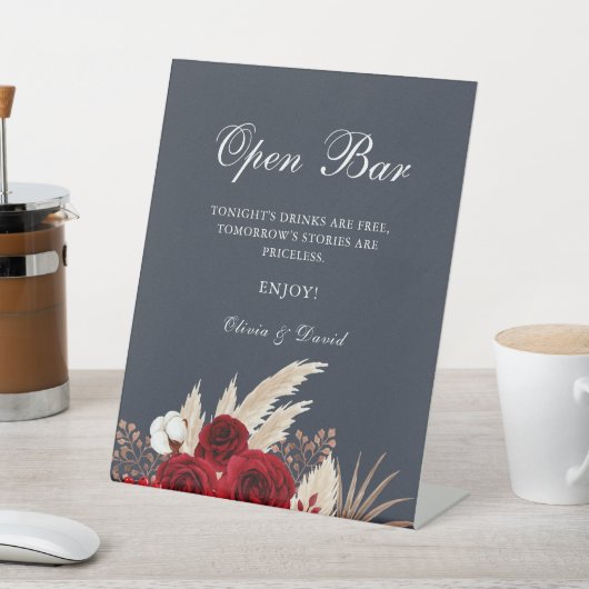 Signe De Table Boho Burgundy Roses Pampas Grass Open Bar (In SItu)