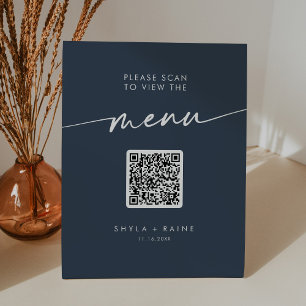 Signe De Table Boho Chic Dark Navy Blue QR Code Menu Mariage