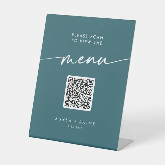 Signe De Table Boho Chic Turquoise Bleu QR Code Mariage Menu (Recto)