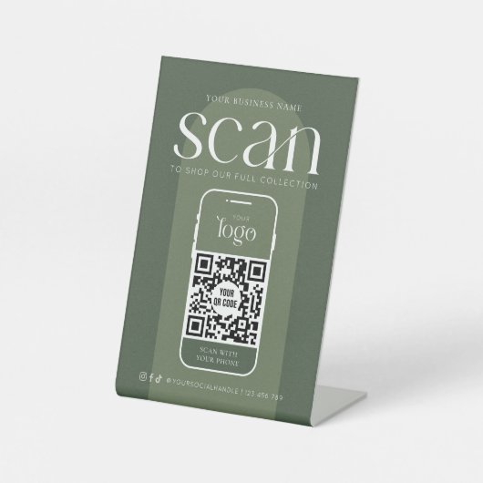 Signe De Table Boho Sage Green Business Scannable QR Code moderne (Recto)