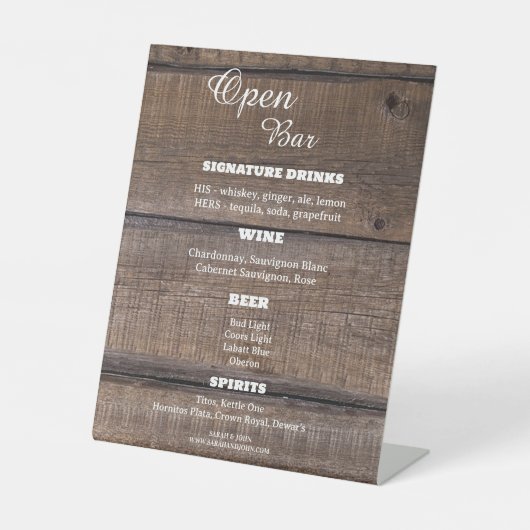 Signe De Table Bois rustique Open Bar Signataire Mariage d'affair (Recto)