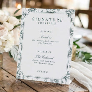 Signe De Table Boissons de mariage à la signature florale émeraud
