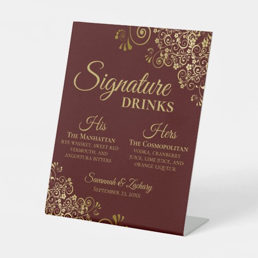 Signe De Table Boissons de signature Auburn Brown & Gold Mariage (Recto)