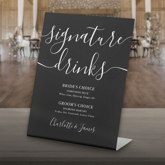 Signe De Table Boissons de signature de mariage à script noir et